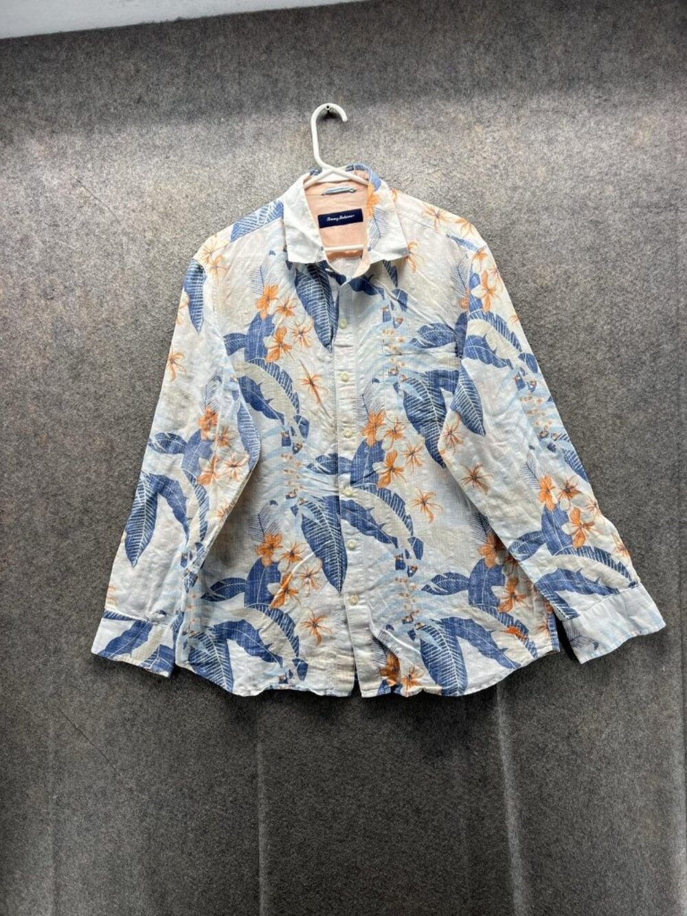 Tommy Bahama Shirt Men Large Blue Floral Hawaiian Linen Long Sleeve Casual